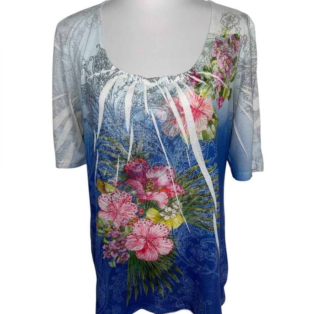 Jane Ashley Women’s XL Tropical Floral Ombre Blouse‎ Blue Pink Scoop Neck Top